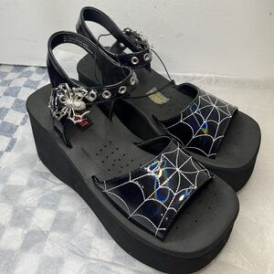 🕷️🕸️Funn Platform Goth Spider Web Sandals Ankle Strap Wedge Shoes 🕸️🕷️